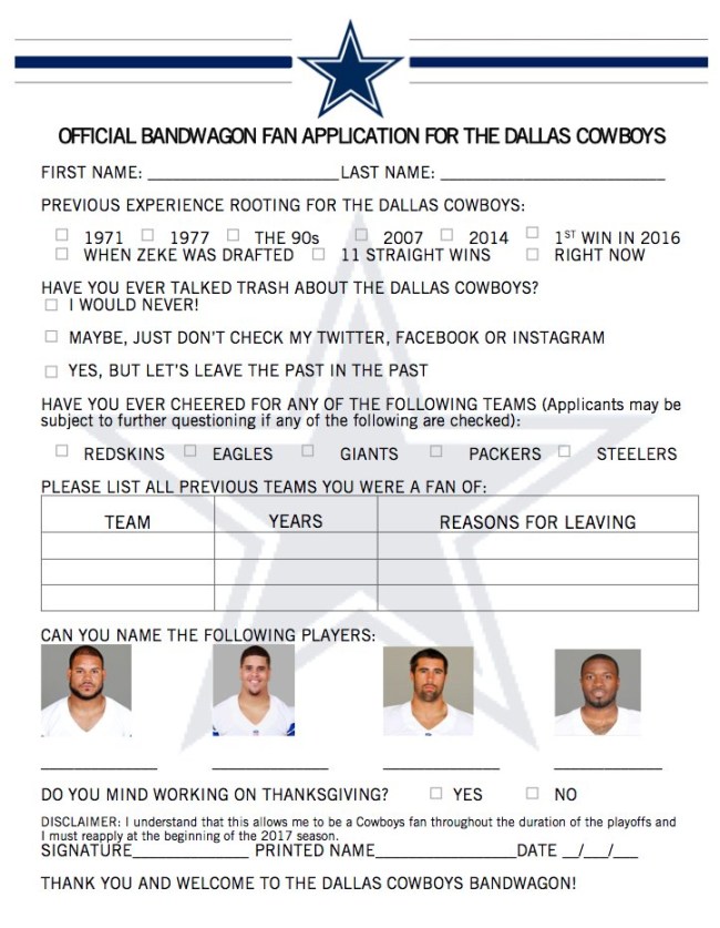 Dallas Cowboys Bandwagon Fan Application