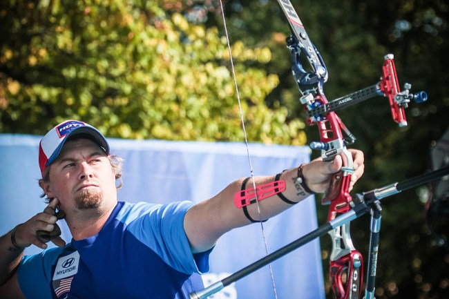 ODENSE, DENMARK - SEPTEMBER 25: Brady Ellison of the USA shoots during the mens recurve finals at the Hyundai Archery World Cup Final 2016 on September 25, 2016 in Odense, Denmark. (Photo by Dean Alberga/World Archery Federation via Getty Images)