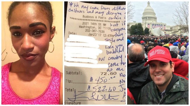 A white Trump voter explains why he was inspired to leave a black waitress a $450 tip and an uplifting note