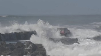 Genius In His Truck Has To Be Rescued By Helicopter After Driving Onto Jetty During High Surf Advisory (27ft Waves)