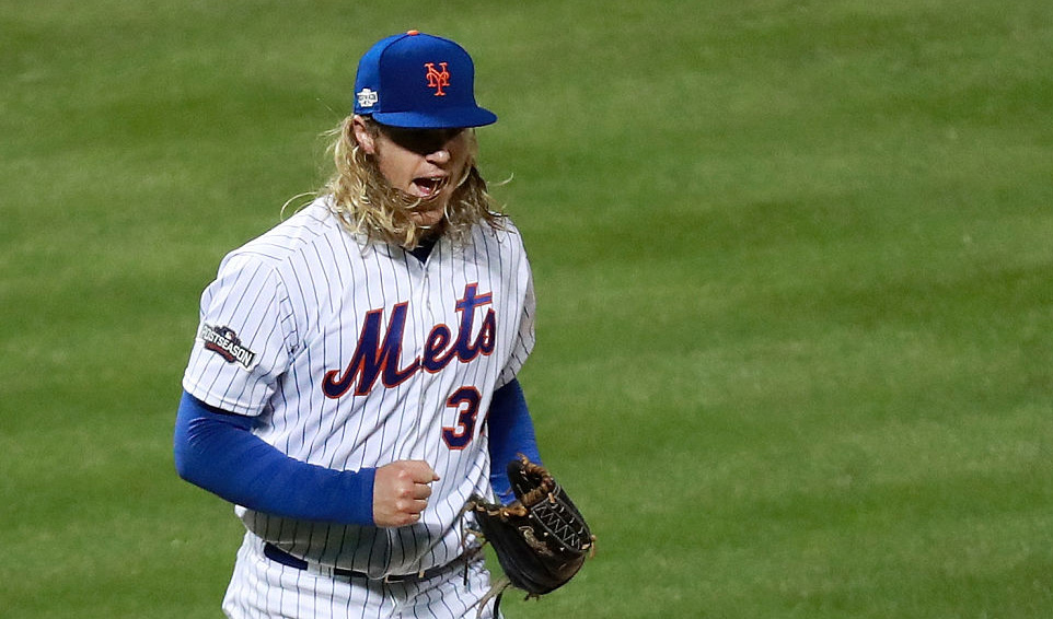 Mets starting pitcher Noah Syndergaard(Thor) throws his final(103rd) pitch  of the game