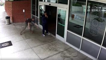 You Won’t See A More Spine-Jarring Tackle Than This Cop DESTROYING Man Attacking A Police Station With A Bat