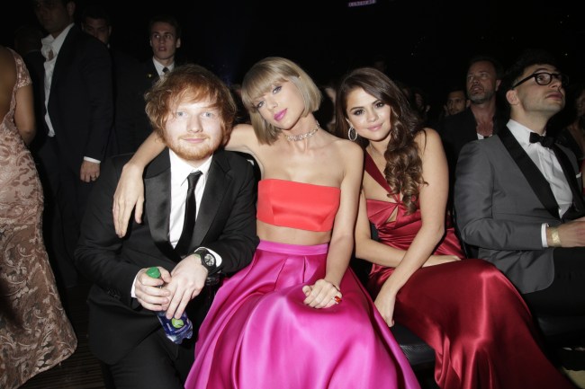 LOS ANGELES - FEBRUARY 15: Ed Sheeran, Taylor Swift, and Selena Gomez in the audience at The 58TH ANNUAL GRAMMY AWARDS on Monday, Feb. 15, 2016 (8:00-11:30 PM, live ET) at STAPLES Center in Los Angeles and broadcast on the CBS Television Network. (Photo by Francis Specker/CBS via Getty Images)
