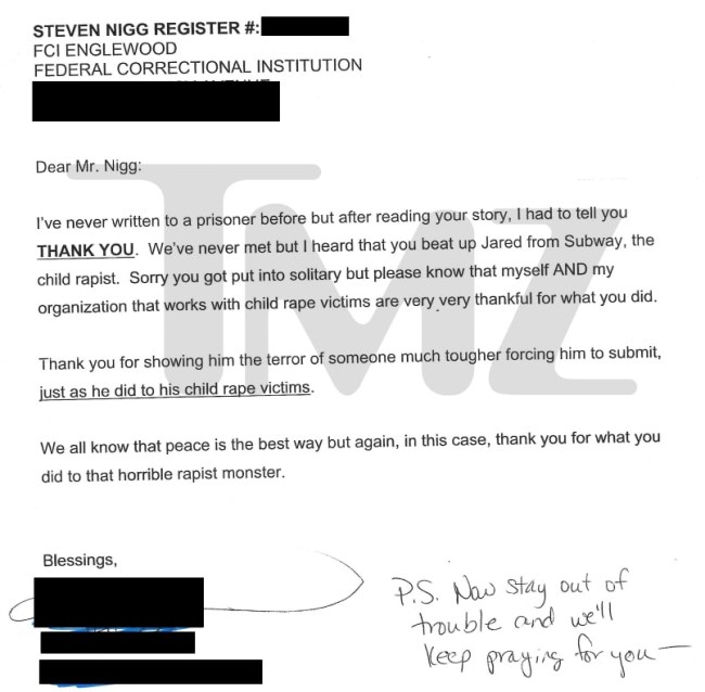 Jared Fogle Attacker Letters From Fans
