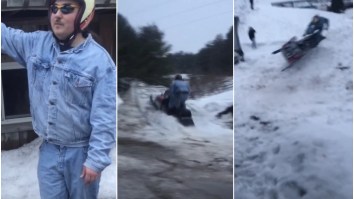 Snowmobile Expert And Sex God Larry Enticer Nearly Pops A Ball On This AMAZING Failed Jump