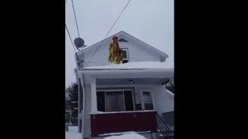 Man Dressed As Macho Man Randy Savage Jumps Off Roof And Drops A Flying Elbow On Winter Storm Stella