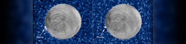 These composite images show a suspected plume of material erupting two years apart from the same location on Jupiter's icy moon Europa. Both plumes, photographed in UV light by Hubble, were seen in silhouette as the moon passed in front of Jupiter.