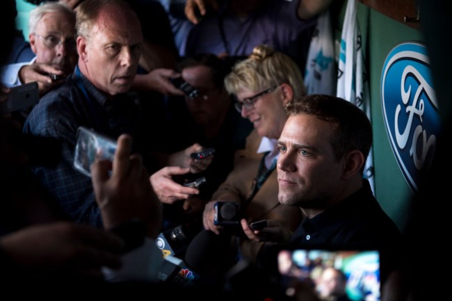 BOSTON, MA - APRIL 28: Chicago Cubs President of Baseball Operations Theo Epstein speaks with media before a game against the Boston Red Sox at Fenway Park on April 28:, 2017 in Boston, Massachusetts.