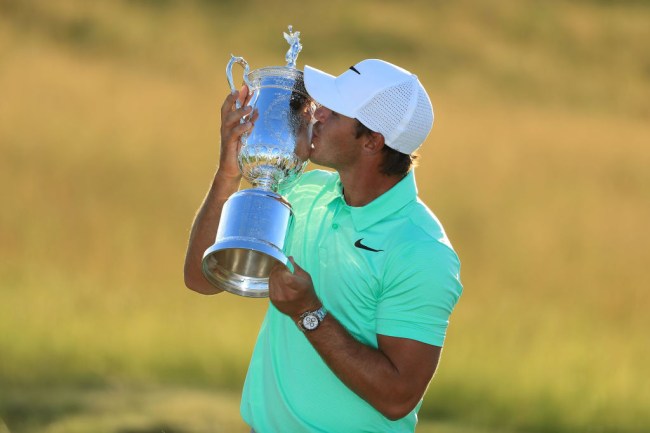 HARTFORD, WI - JUNE 18:  Brooks Koepka of the United States poses with the winner's trophy after his victory at the 2017 U.S. Open at Erin Hills on June 18, 2017 in Hartford, Wisconsin.  (Photo by Richard Heathcote/Getty Images)