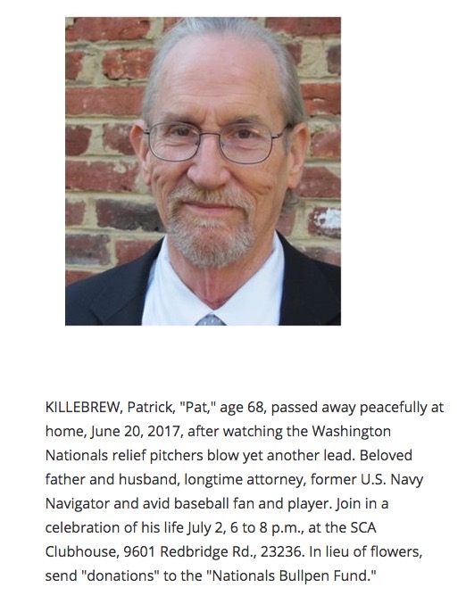 washington nationals bullpen obituary