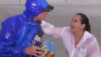Woman Interrupts Live Broadcast Of Hurricane Harvey Coverage To Give Reporter Beer