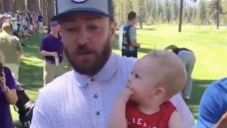 Awesome Dad Convinces Justin Timberlake To Hold His Baby At A Golf Match By Getting The Crowd Involved