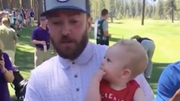 Awesome Dad Convinces Justin Timberlake To Hold His Baby At A Golf Match By Getting The Crowd Involved