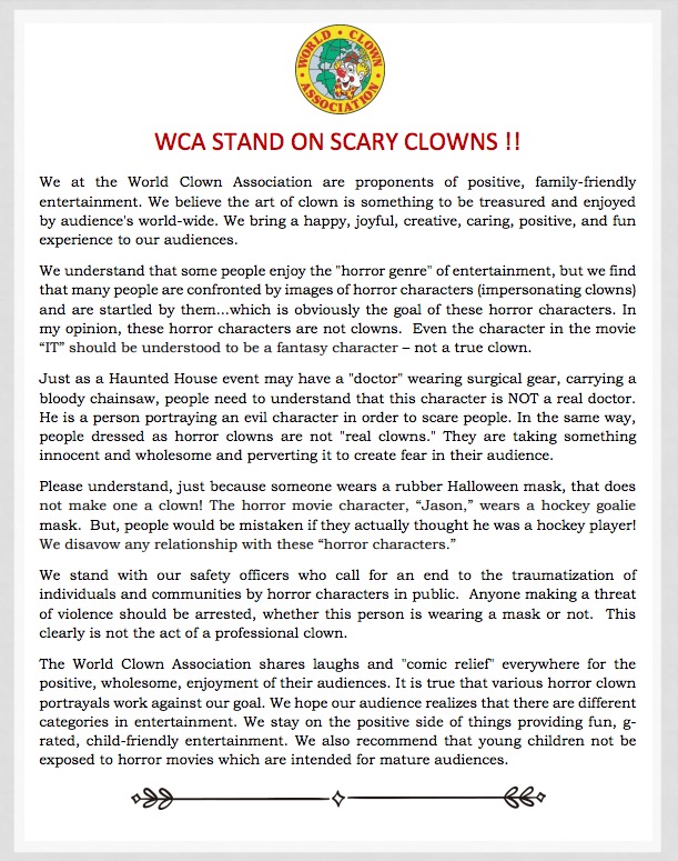 world clown association stand on scary clowns