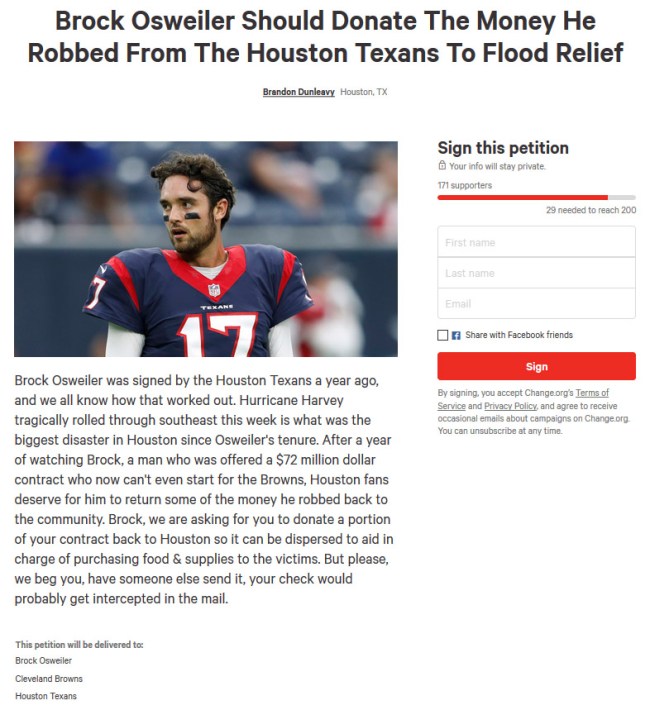 petition brock osweiler donate millions houston texans flood relief