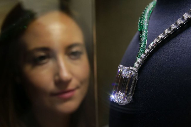 A necklace, known as Creation I, featuring a 163.41 carat D-Colour Flawless diamond, and created by Swiss jewellers de GRISOGONO, is pictured during a photocall at Christie's auction house in London on October 3, 2017, ahead of its auction in Geneva on November 14. The neckalce is expected to fetch in the region of 30 million USD (26 million euros, 23 million GBP)