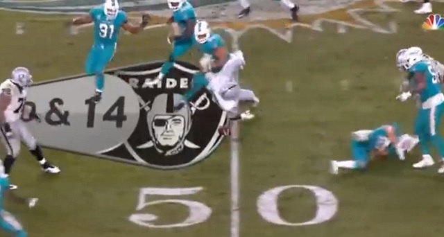 Raiders Marshall Newhouse jokes about his flying flip fumble