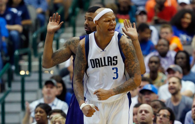 DALLAS, TX - APRIL 08:  Charlie Villanueva #3 of the Dallas Mavericks celebrates after drawing a foul from Markieff Morris #11 of the Phoenix Suns in the second half at American Airlines Center on April 8, 2015 in Dallas, Texas