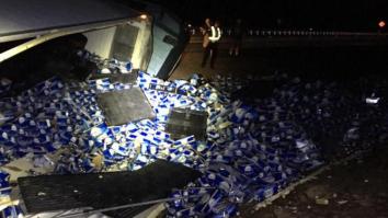A Semi-Truck Overturned And Spilled 60,000 Pounds Of Busch Beer And The Photos Are Devastating