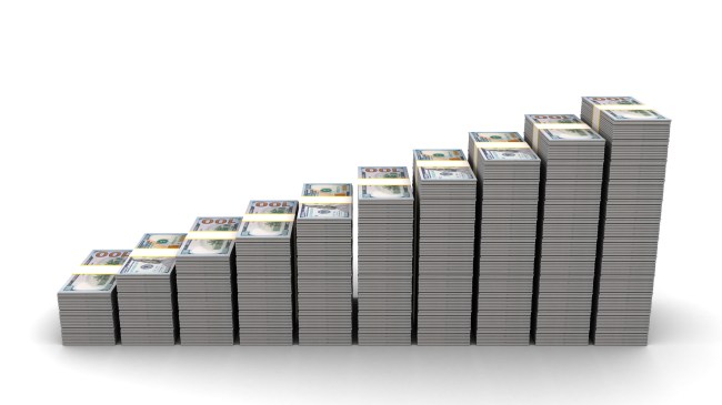 3d illustration of dollar stacks rising stairs over white background