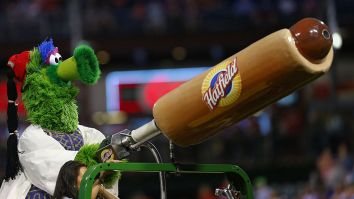 The Phillie Phanatic Accidentally Blasted A Fan In The Face While Using A Hot Dog Cannon