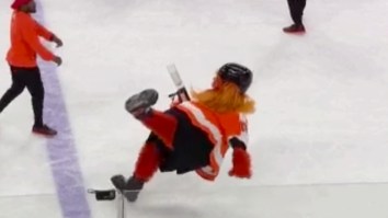 The Flyers’ New Mascot Gritty Had A Debut That Included Wiping Out And Blasting Someone With A T-Shirt Cannon