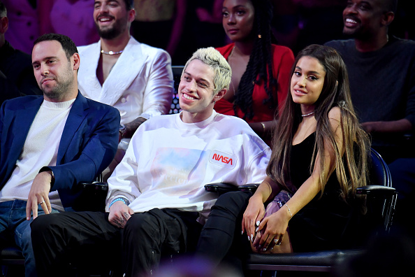 NEW YORK, NY - AUGUST 20: Pete Davidson (C) and Ariana Grande (R) attend the 2018 MTV Video Music Awards at Radio City Music Hall on August 20, 2018 in New York City. (Photo by Jeff Kravitz/FilmMagic)