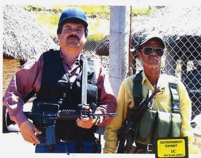 oaquin "El Chapo" Guzman, left, poses with an unidentified man. Text messages sent by the Mexican drug lord known as El Chapo about narrowly avoiding capture in 2012 have become the latest damaging evidence at his U.S. trial. Prosecutors presented the texts Wednesday, Jan. 9, 2019 in federal court in Brooklyn, where Guzman has pleaded not guilty to drug-trafficking charges.