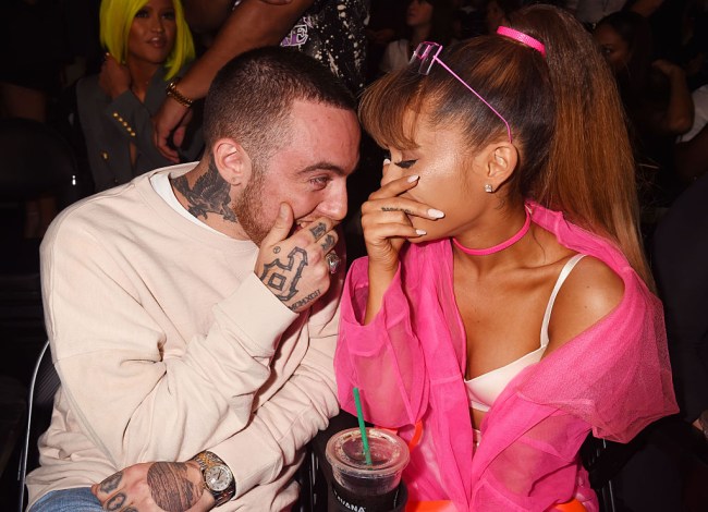 NEW YORK, NY - AUGUST 28:  (EXCLUSIVE COVERAGE) Rapper Mac Miller and singer Ariana Grande pose backstage during the 2016 MTV Video Music Awards at Madison Square Garden on August 28, 2016 in New York City.  (Photo by Jeff Kravitz/FilmMagic)