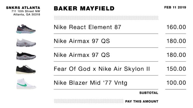 Baker Mayfield Went Sneaker Shopping With Complex Spent 1200 Receipt