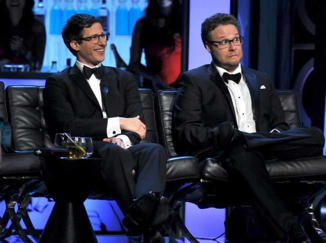 CULVER CITY, CA - AUGUST 25:  (L-R) Actors Andy Samberg and Seth Rogen onstage during The Comedy Central Roast Of James Franco at Culver Studios on August 25, 2013 in Culver City, California. The Comedy Central Roast Of James Franco will air on September 2 at 10:00 p.m. ET/PT.  (Photo by Lester Cohen/WireImage)