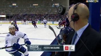 Hockey Reporter Pierre McGuire Comes Within An Inch Of Getting Pulverized By A Puck To The Face