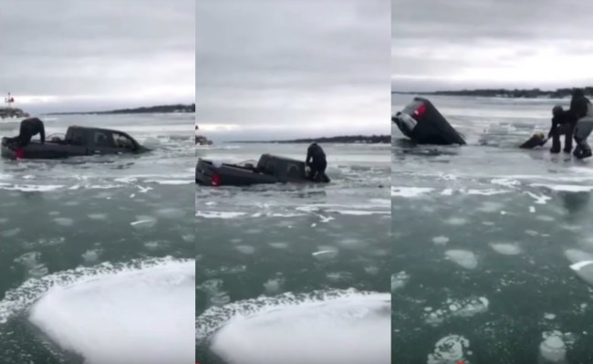 Truck driver rescued frozen lake Lexington Harbor Michigan