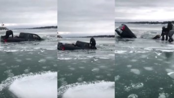 Crazy Moment A Person Is Rescued From A Sinking Truck On A Frozen Lake Seconds Before It Goes Under