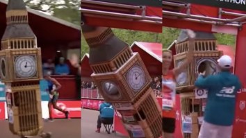 A Guy Ran The 26.2 Mile London Marathon In A Big Ben Costume And Hilariously Got Stuck At The Finish Line