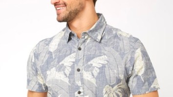 Always Bring The Summer Mood In This Grayers Big Leaf Print Woven Button Down Shirt