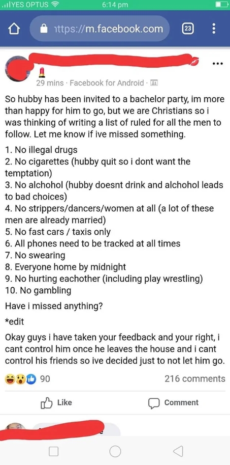Bachelor party list of rules for husband by overly attached wife on Reddit