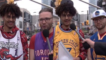 ‘Loyalty Is Everything’ Says Diehard Toronto Raptors Fan Wearing A Golden State Jersey So He Can Get On TV