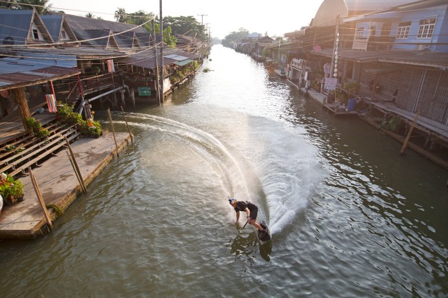 Dominik Guhrs wakeboarding Thailand's floating markets
