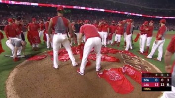 LA Angels Pitchers Throw Combined No-Hitter, Players Take Of Their #45 Jerseys And Placed Them On The Mound To Honor Late Pitcher Tyler Skaggs