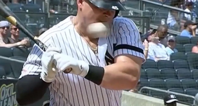 Yankees first baseman Luke Voit took a 92 mph fastball to the chin. Stayed in the game.