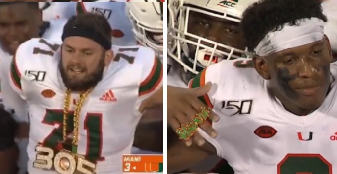 Swag U Is Back Miami Hurricanes Bust Out New Turnover Chain And Touchdown Rings During Game Vs 