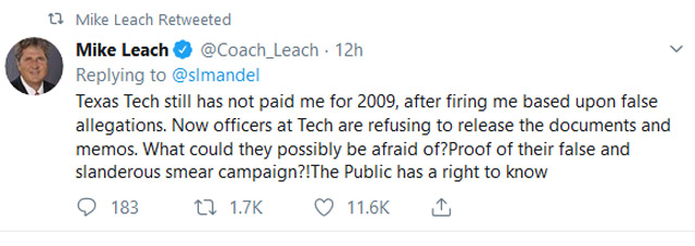 Mike Leach Attacks Texas Tech On Twitter