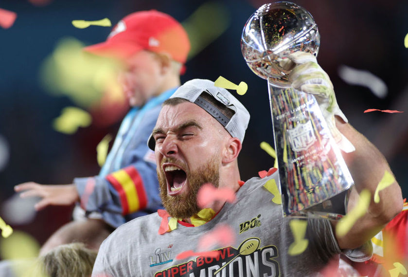 Travis Kelce Celebrates Winning The Super Bowl By Turning The Lombardi