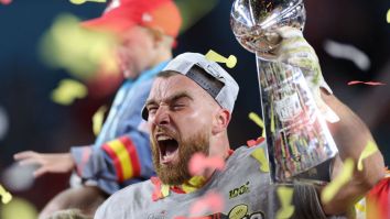 Travis Kelce Celebrates Winning The Super Bowl By Turning The Lombardi Trophy Into A Beer Luge