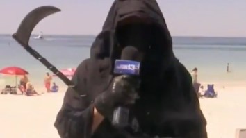Grim Reaper Shows Up For An Interview During Live News Broadcast From Crowded Florida Beach
