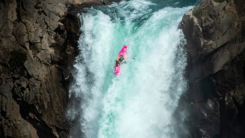 This Kayaker Paddling Off A 134-Foot Waterfall Has Stones The Size Of Mt. Rushmore