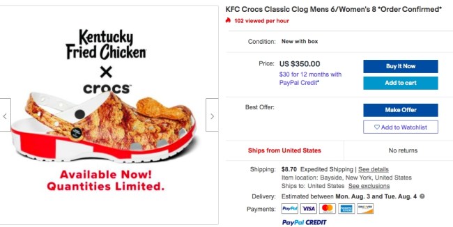 kfc crocs sold out ebay prices