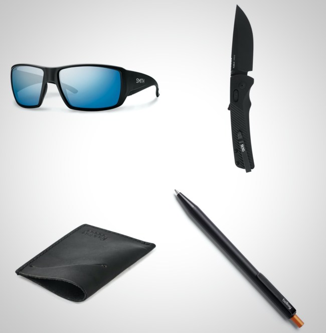 black and blue everyday carry items