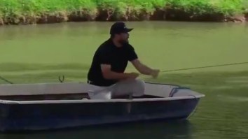 A European Tour Golfer Had To Hop Into A Boat To Play His Ball After Hitting It Onto An Island In The Middle Of A Water Hazard